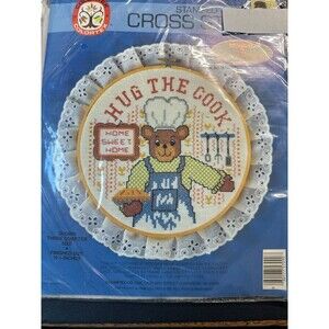 Vintage 1986 Colortex Stamped Cross Stitch Kit Kitchen Decor Hug the Cook Bear